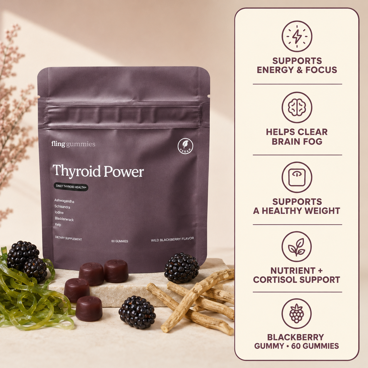 Thyroid Power pouch with callouts: Supports Energy and Focus, Helps Clear Brain Fog, Supports a Healthy Weight, Nutrient and Cortisol Support, Wild Blackberry gummy, 60 gummies