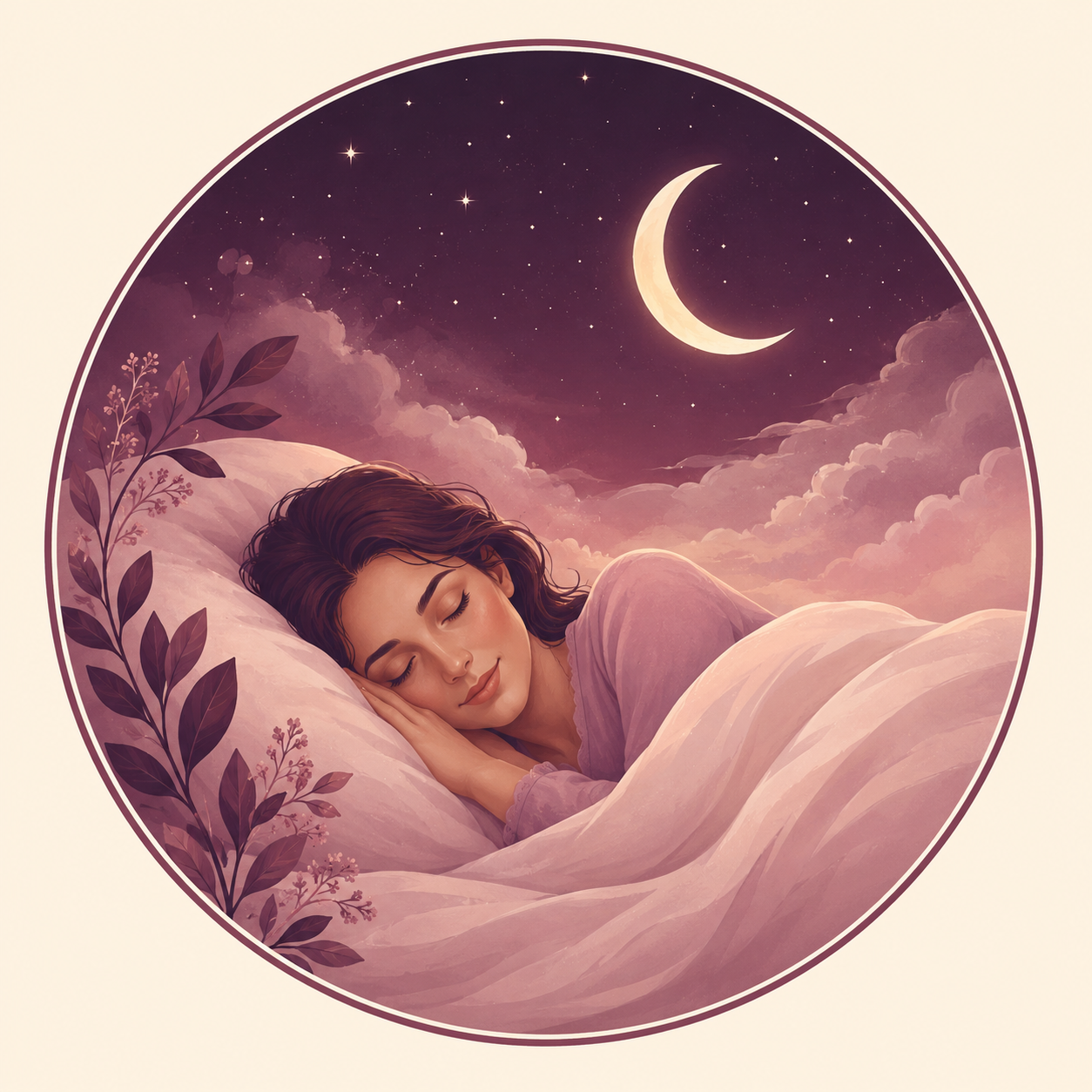 Woman sleeping peacefully under a crescent moon