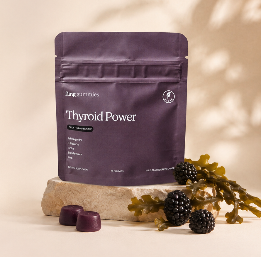 Thyroid Power pouch on a plinth with kelp and blackberries