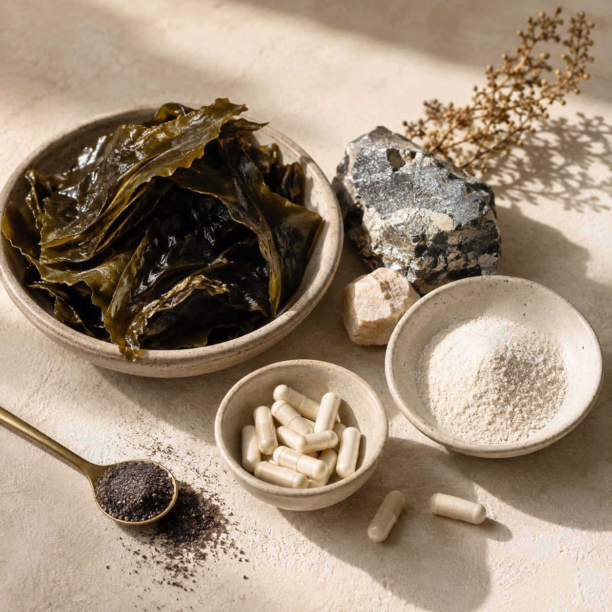 Raw ingredients: kelp, mineral rock, capsules and powder