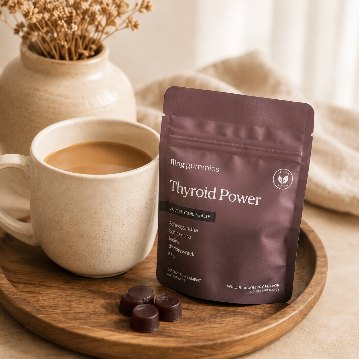 Thyroid Power pouch and gummies beside a morning coffee