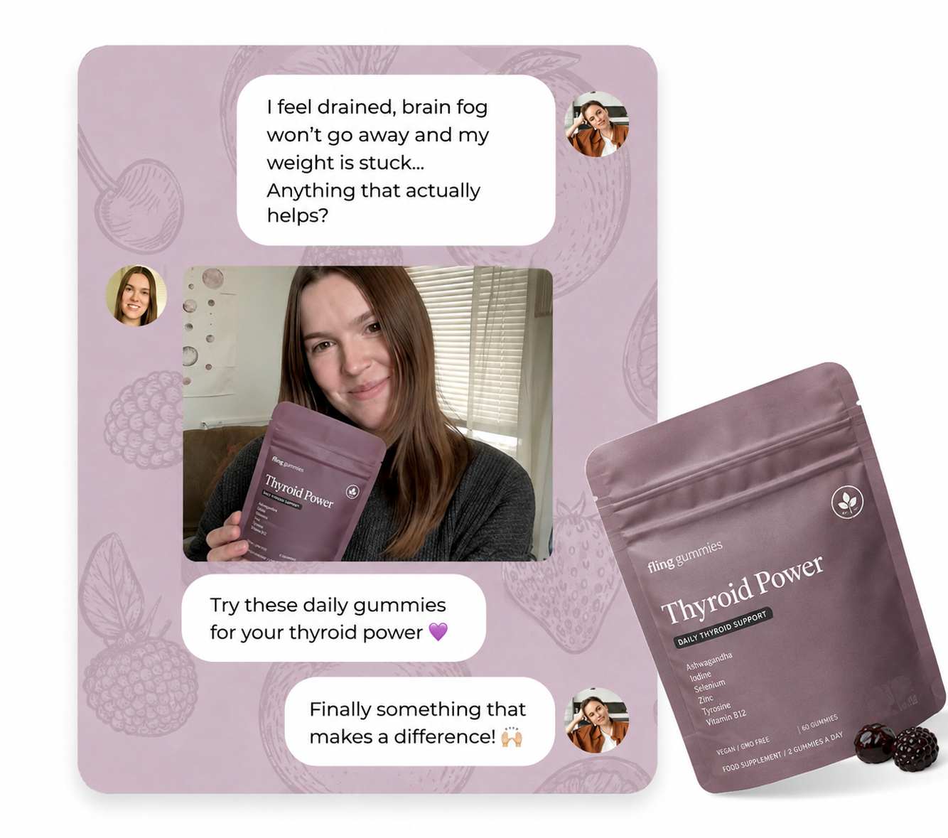 Text conversation: a woman asks for help with brain fog, fatigue and stuck weight, a friend recommends Thyroid Power, and she replies that it finally made a difference